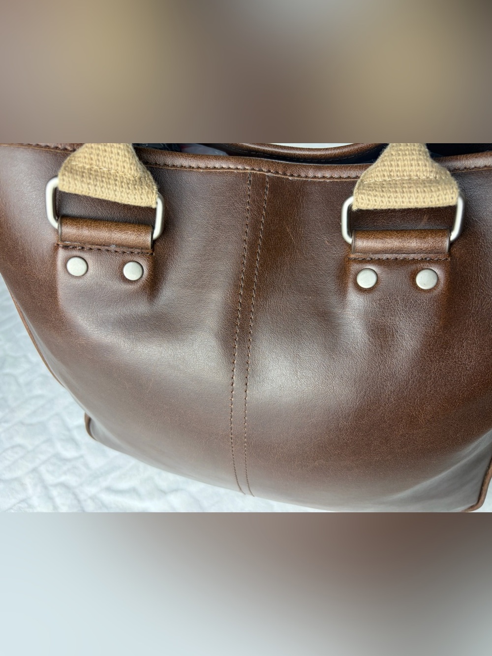 Vintage 90s Esprit chocolate brown shoulder bag tote with woven tan straps - Picture 7 of 11